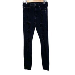 Aeropostale‎ Jeans Size 6 Long Womens High Rise Distressed Jegging Black Denim